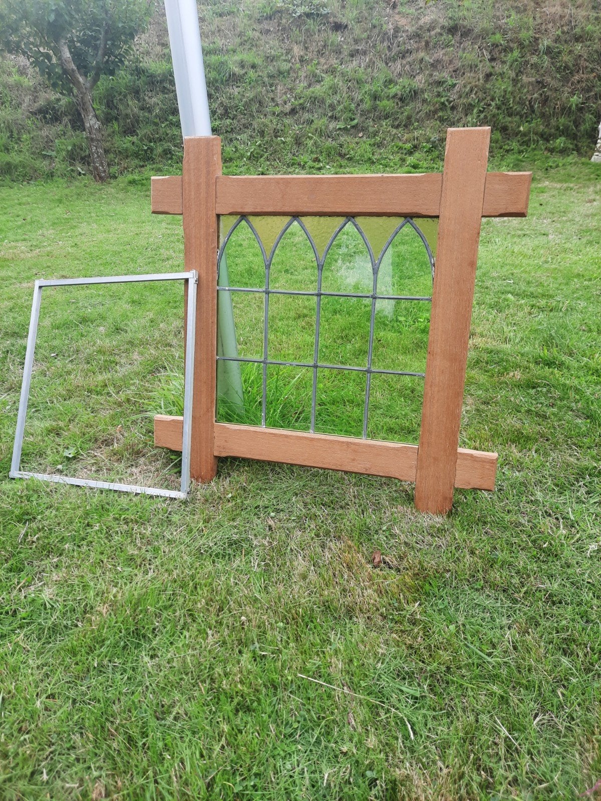 2 vintage geel met groen glas in lood voorzetramen., Ophalen, Gebruikt, Aluminium, Overige typen