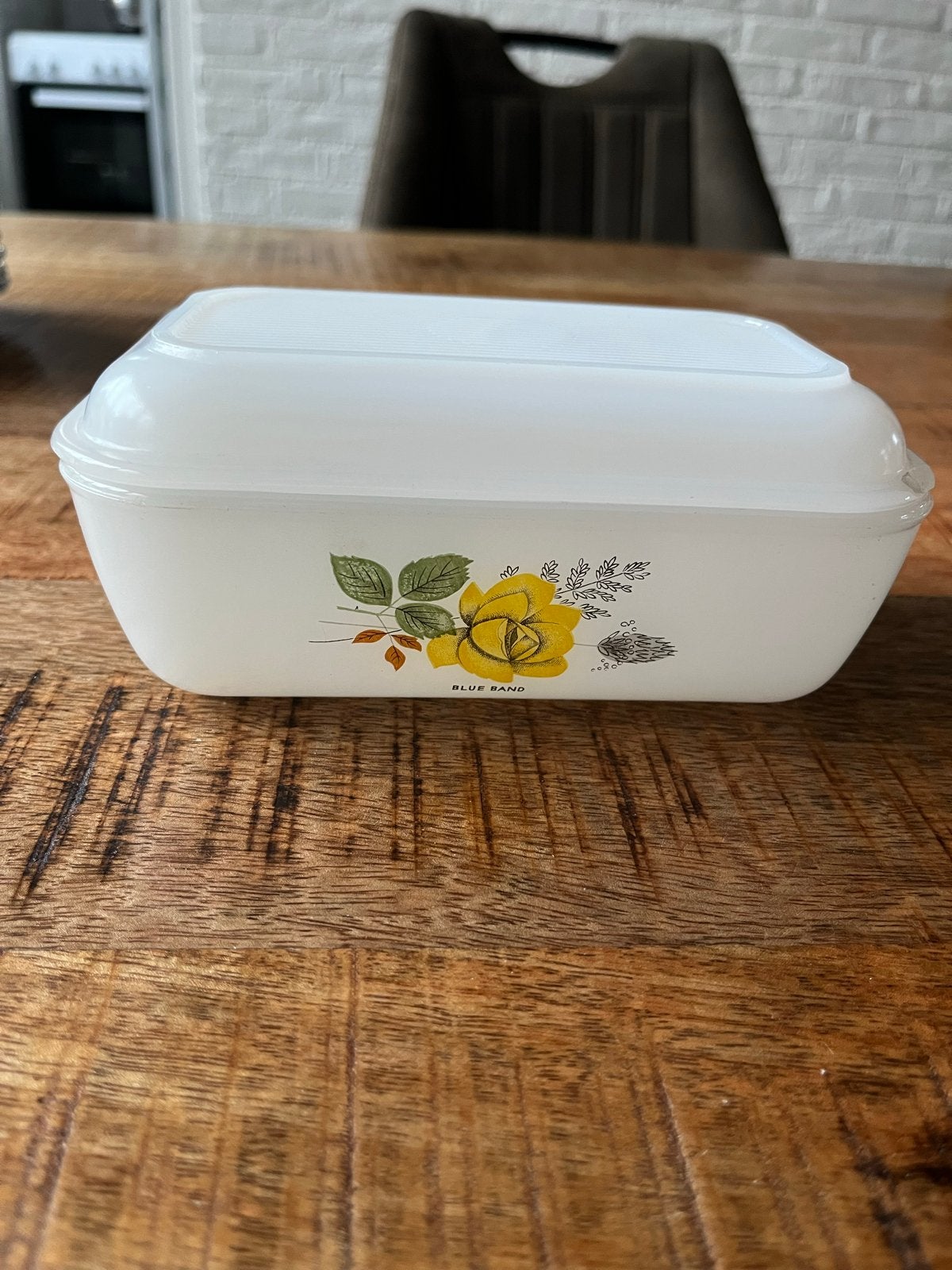 Vintage Blue Band botervloot met geel rozenpatroon, Ophalen of Verzenden
