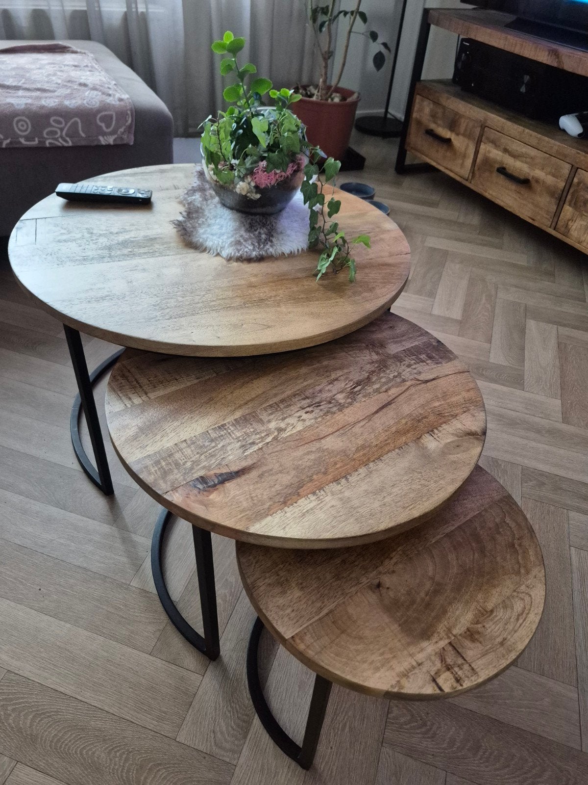 Mangohout houten ronde salontafels, 50 tot 100 cm, Rond, Zo goed als nieuw, 50 tot 100 cm