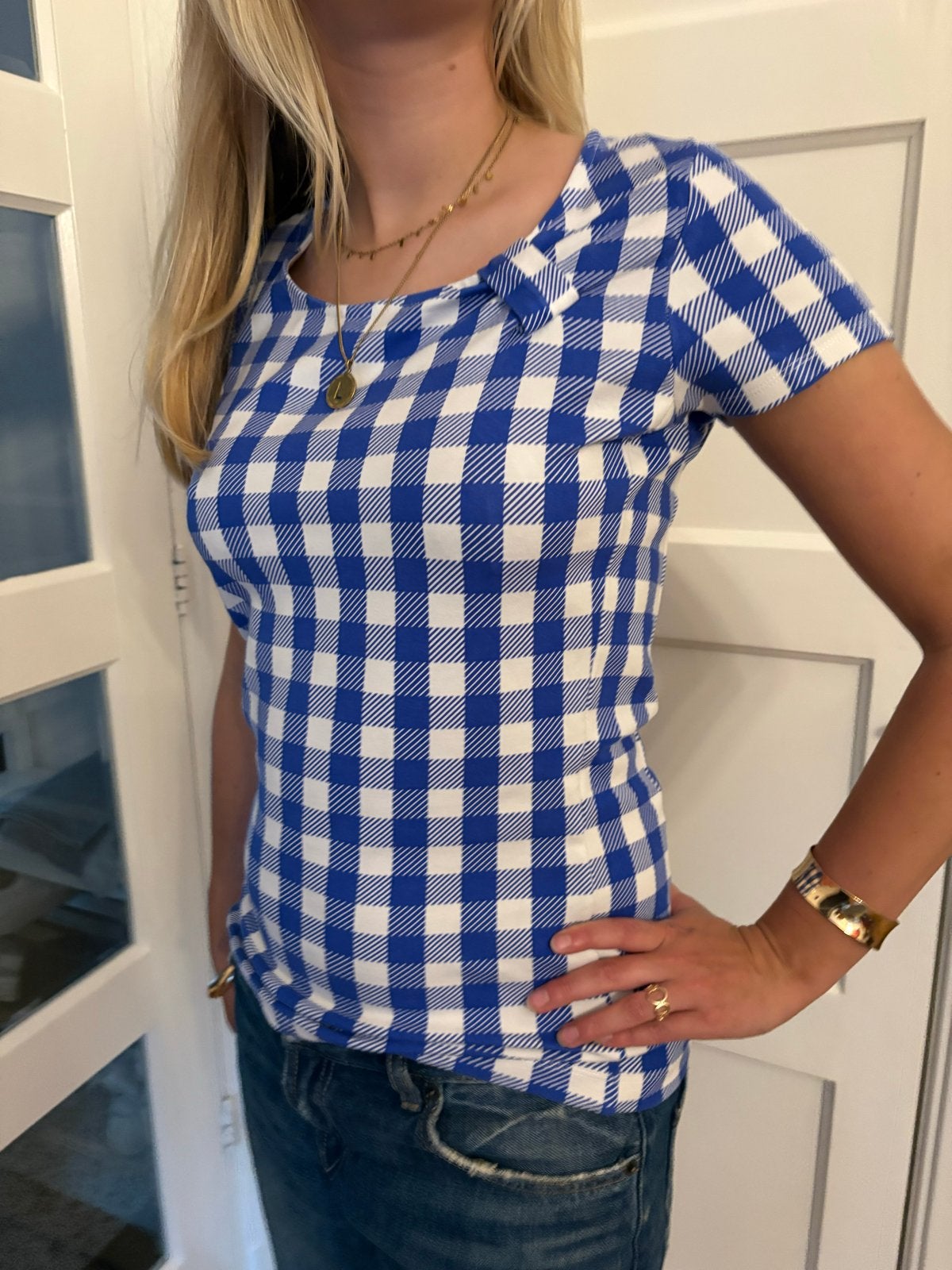 Juffrouw Jansen Amsterdam Blauw Geruit T-shirt Maat M, Maat 38/40 (M), Blauw, Ophalen of Verzenden, Zo goed als nieuw