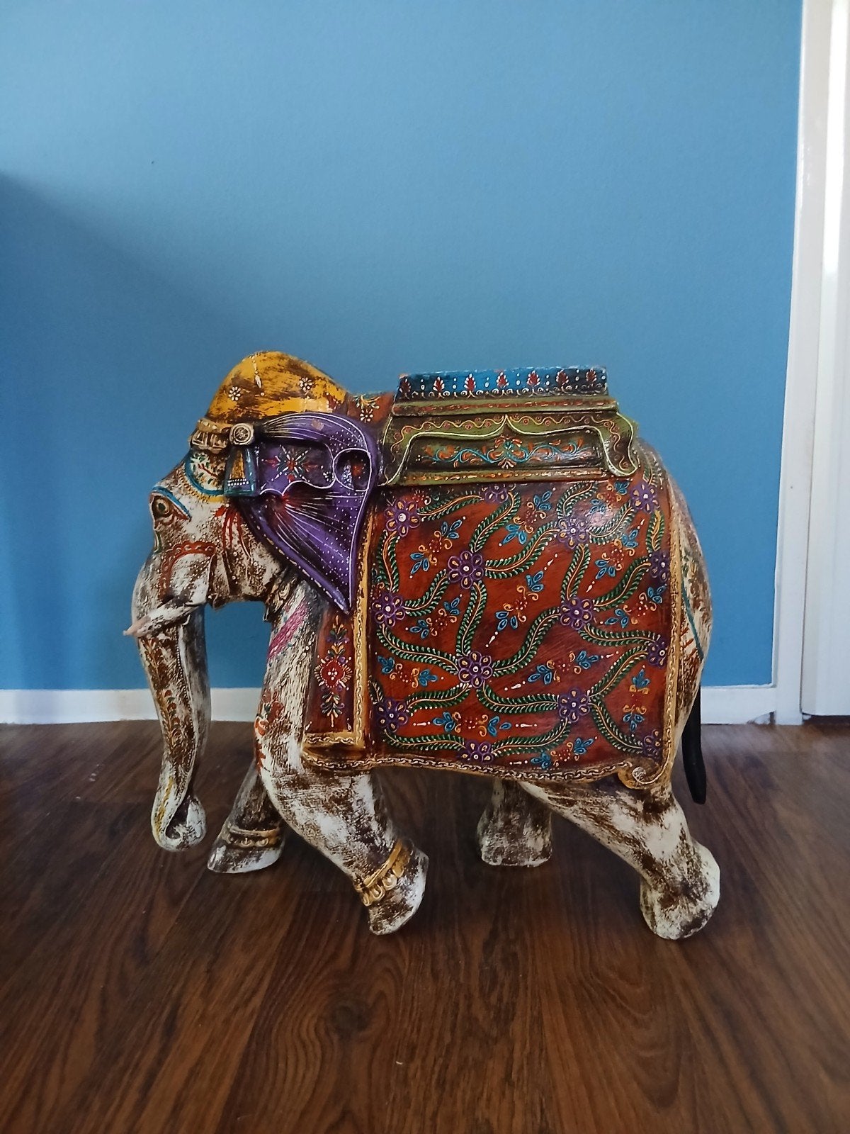 Decoratieve Indiase olifant, handgeschilderd hout, India, Meerkleurig, Handgemaakt, Beeld