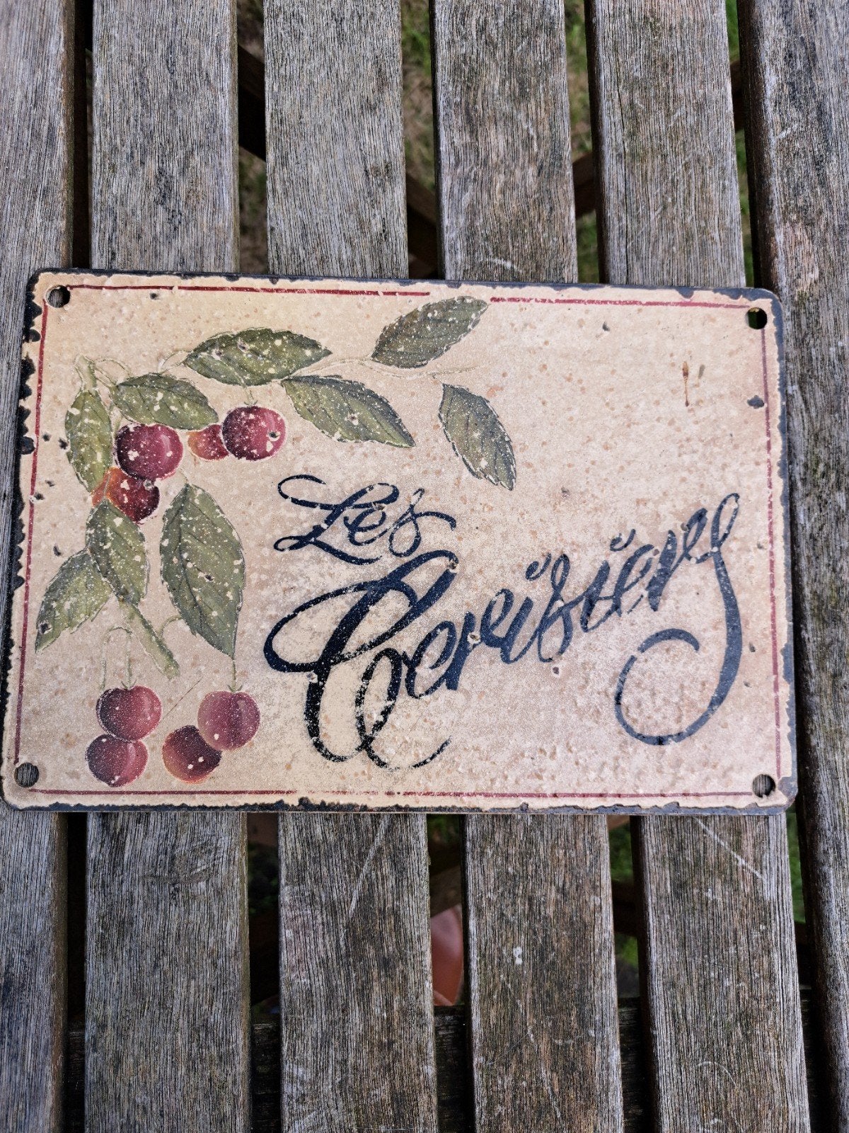 Geëmailleerd bord 'Les Cerisiers' uit Frankrijk, Ophalen of Verzenden