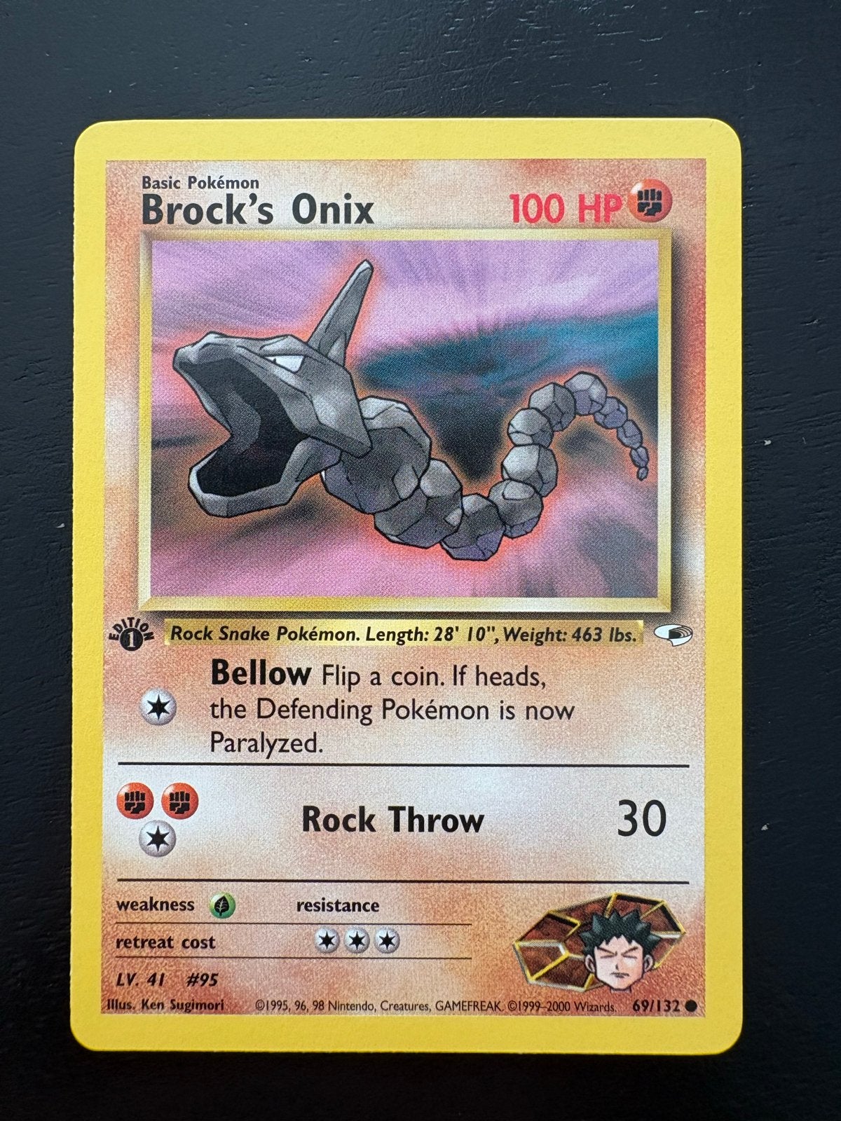 Pokémon Kaart: Brock's Onix 1st edition, Ophalen of Verzenden, Zo goed als nieuw, Losse kaart
