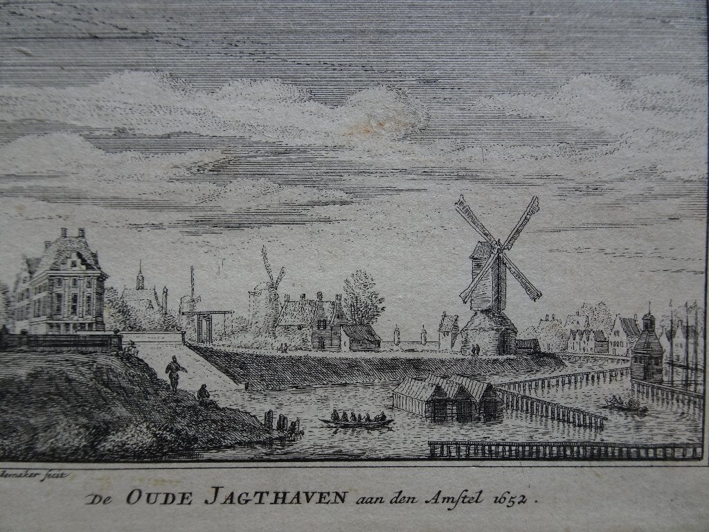 gravure Oude jachthaven aan Amstel, Amsterdam Rademaker 1790, Antiek en Kunst, Verzenden, Stadsgezicht, Gravure, Origineel
