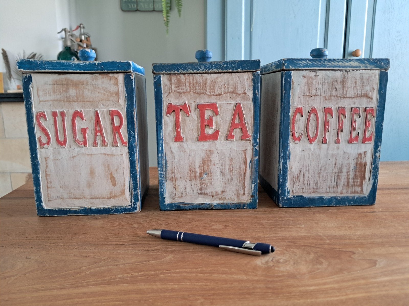 Houten voorraadbakken voor suiker, thee en koffie., Gebruikt, Hout, Ophalen of Verzenden, Voorraadpot