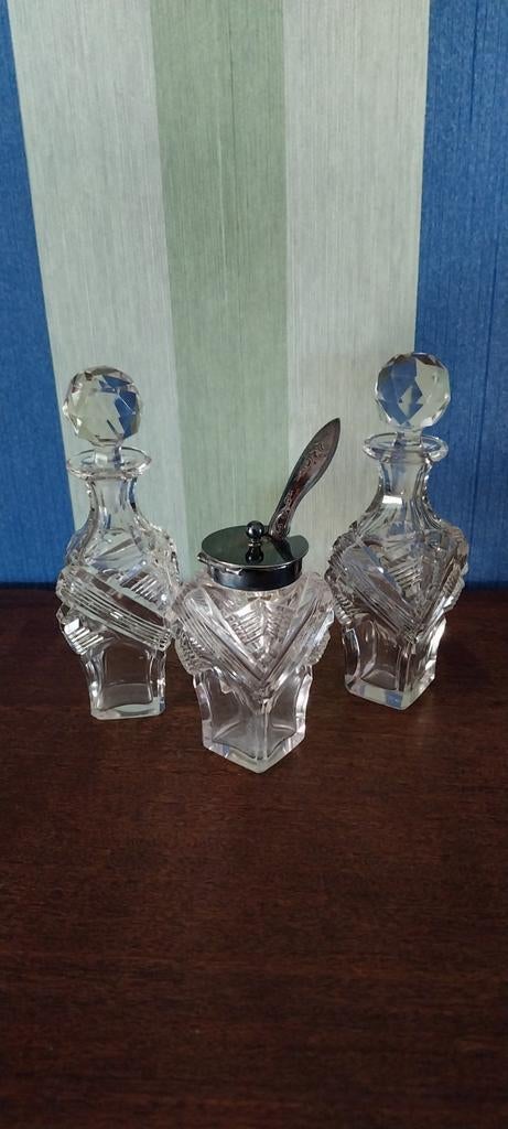 Vintage glazen tafelset met zilveren mosterdpotje, Antiek en Kunst, Antiek | Glas en Kristal, Ophalen of Verzenden