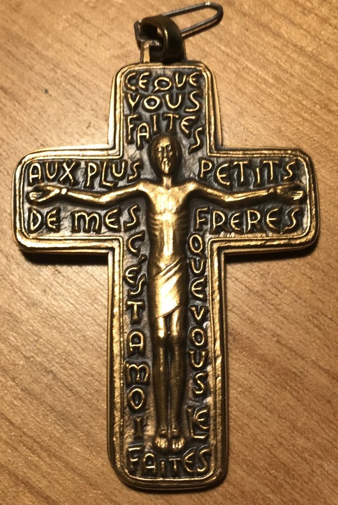 vintage koperen kruis met evangelie Mattheus 25:40, Ophalen of Verzenden, Nieuw, Sieraad, Christendom | Katholiek