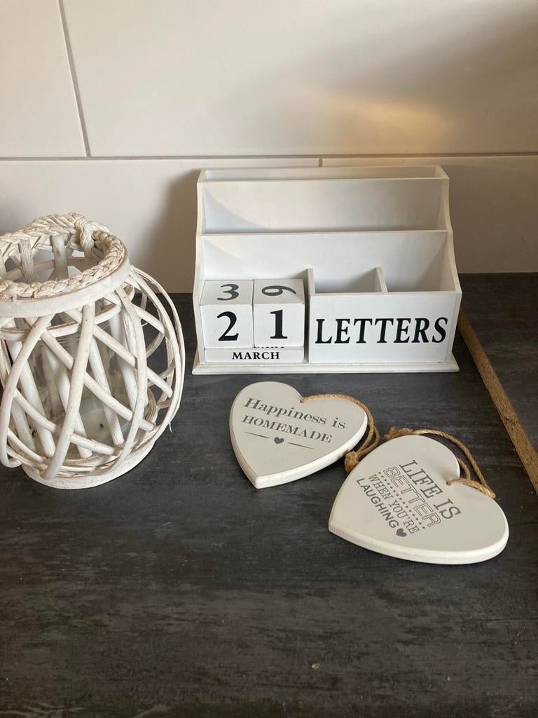 Wit windlicht en houten postbakje - Woonaccessoires, Ophalen of Verzenden, Gebruikt