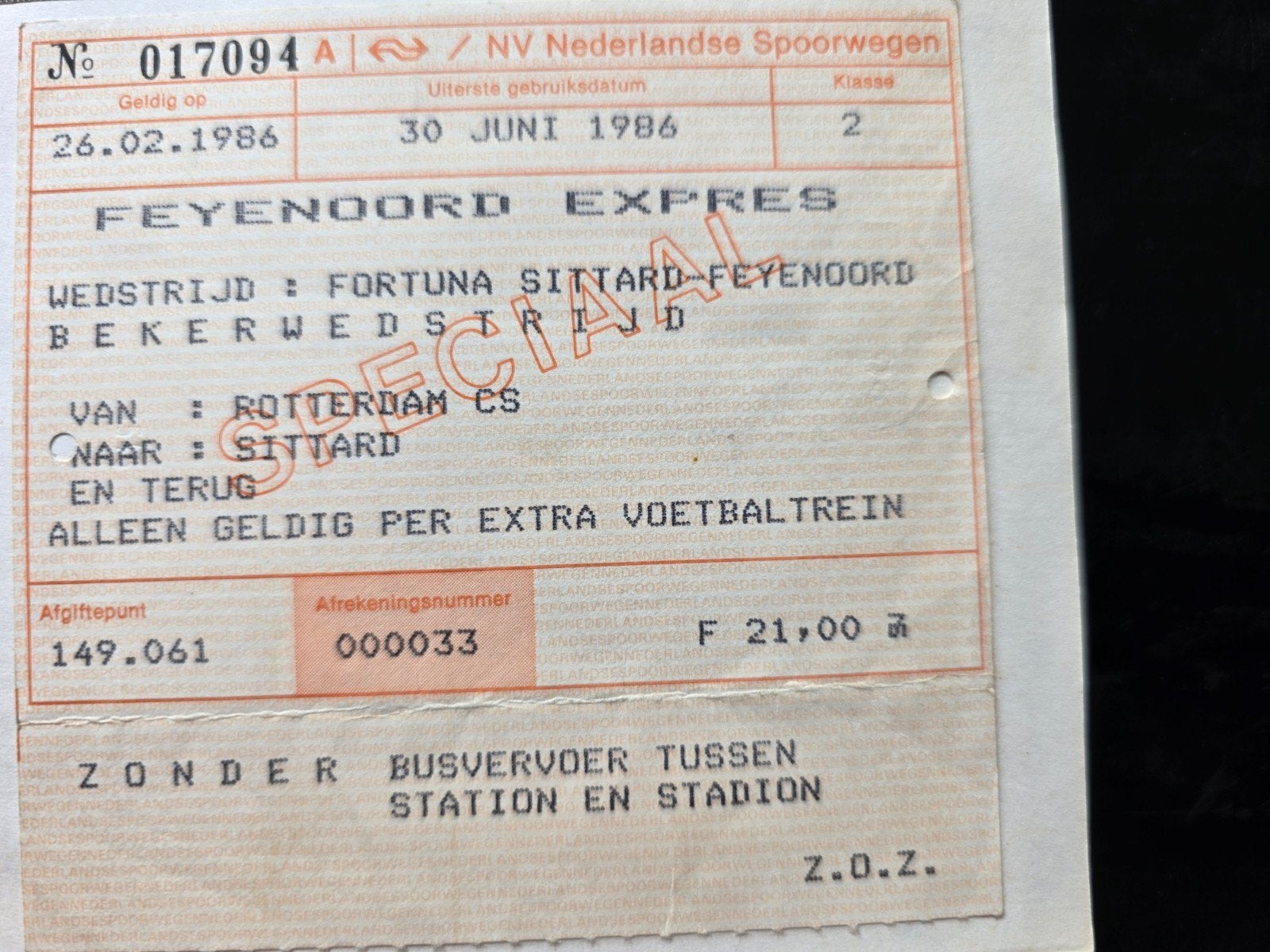 Voetbalticket  Fortuna Sittard-Feyenoord  2-1, Tickets en Kaartjes, Eén persoon, April