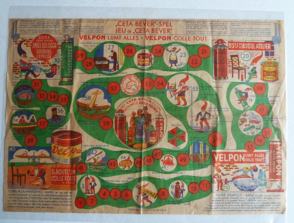 Ceta-Bever spel ca 1935 ganzenbord Velpon Gup Nederl. Frans, Ophalen of Verzenden, Gebruikt, Reclamebord