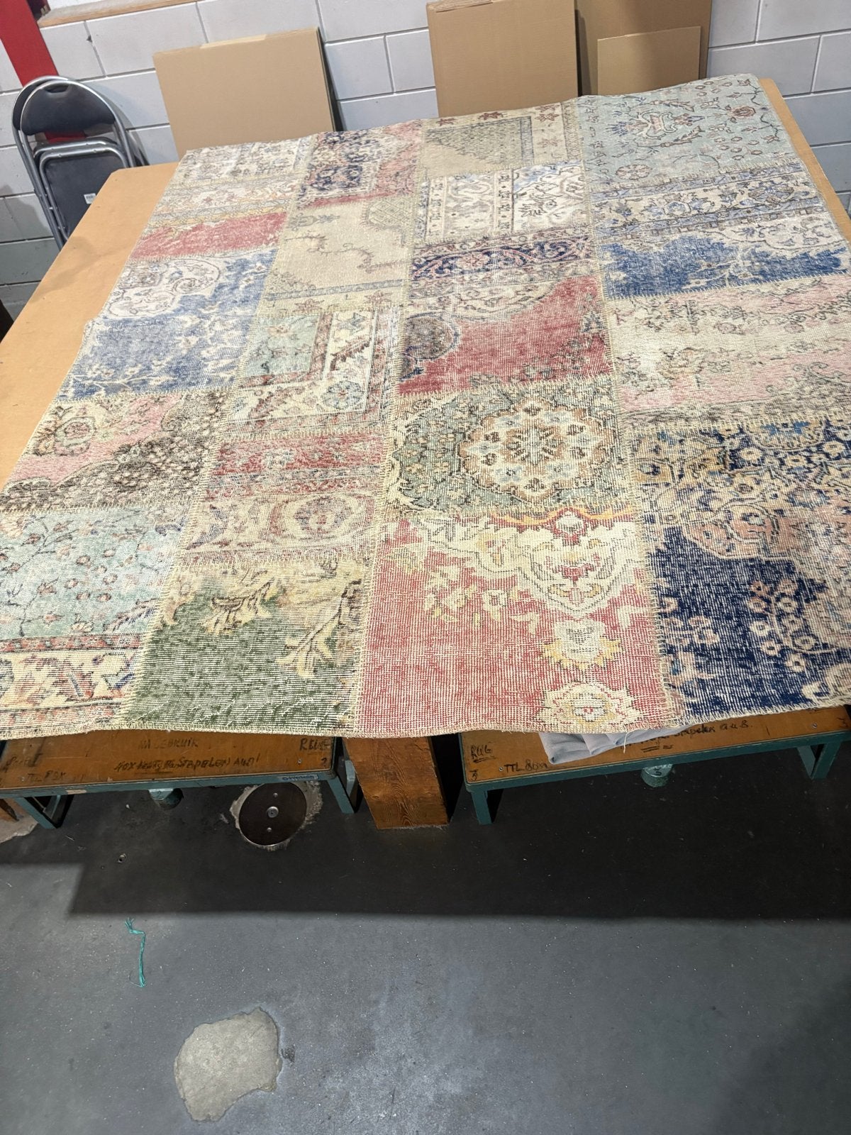 Vintage Patchwork Tapijt Janssens Oriëntal 200x250 cm, Ophalen, Gebruikt, Blauw, 200 cm of meer