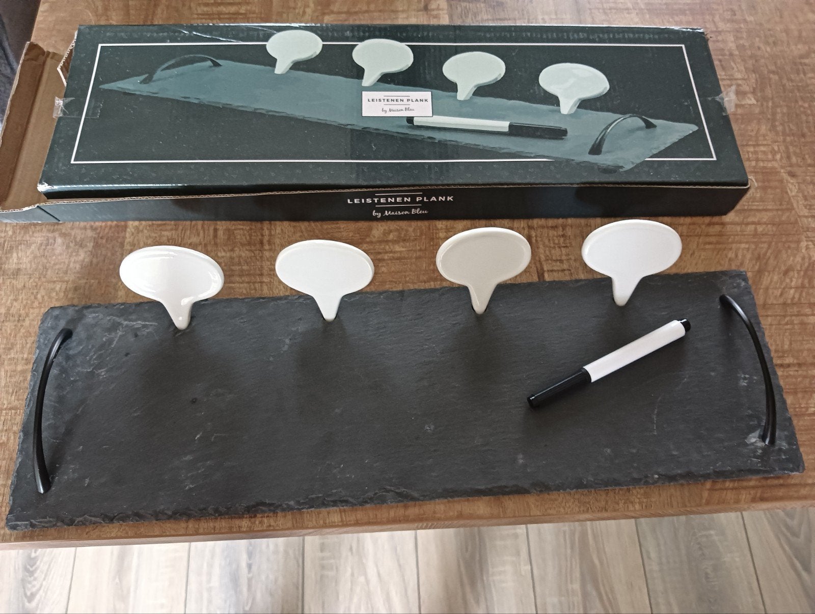 Leistenen Plank met Porseleinen Instreekbordjes, Ophalen, Snij-/serveerplank, Nieuw, Zwart