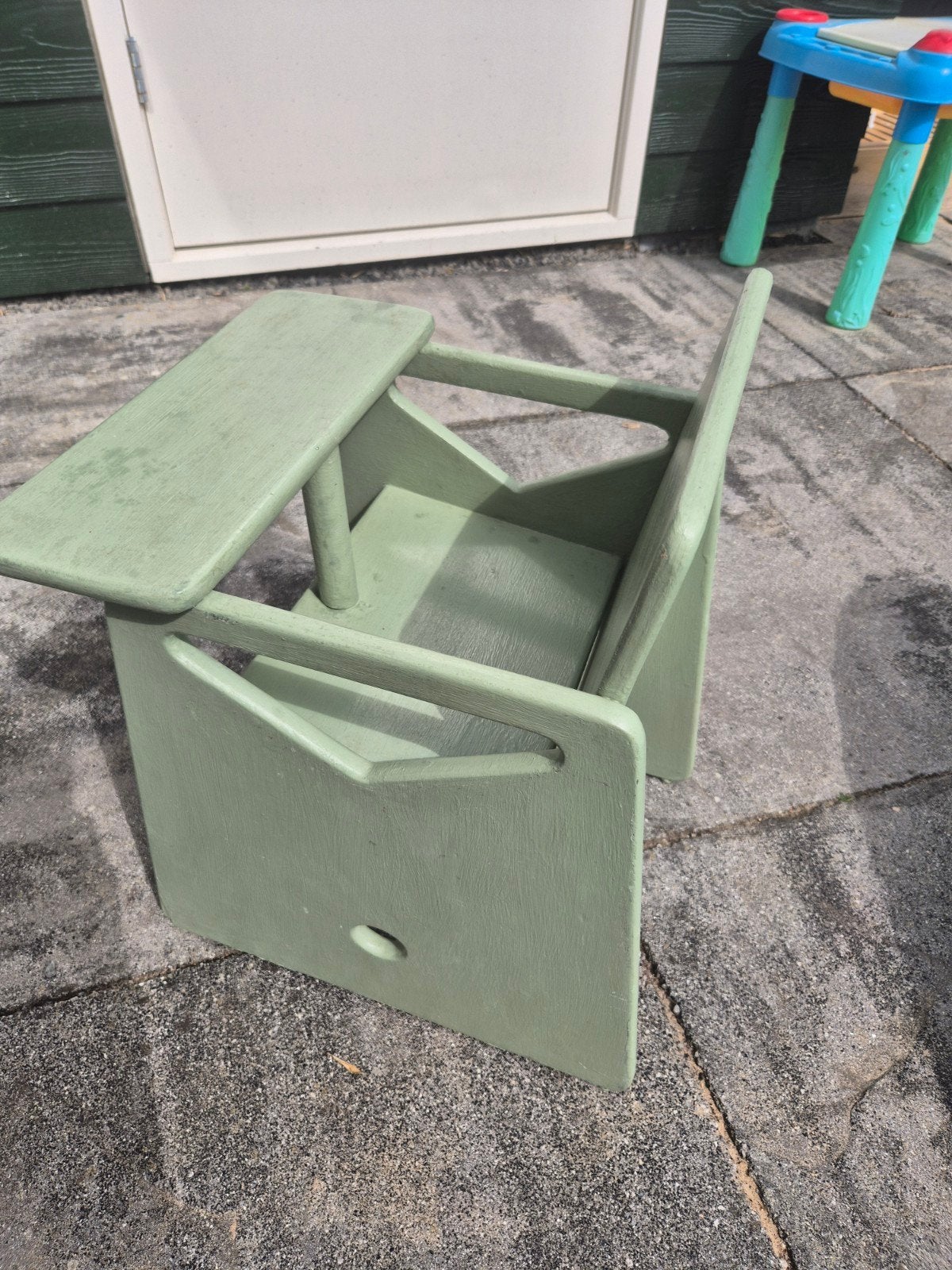 Vintage houten kinderstoel/bureau in groen, Ophalen, Gebruikt, Stoel(en)