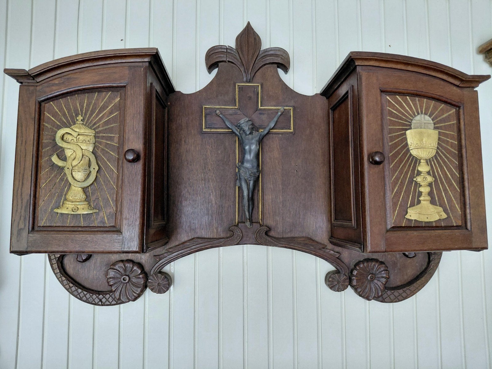 Antiek houten religieus wandornament met kasten, Ophalen of Verzenden