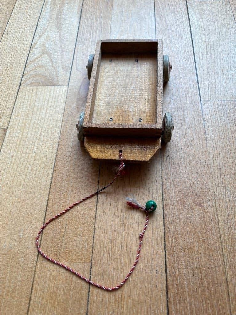 Vintage blank houten trekkar ’60. De kar heeft wielen, Ophalen of Verzenden, Gebruikt, Duw- of Trekspeelgoed