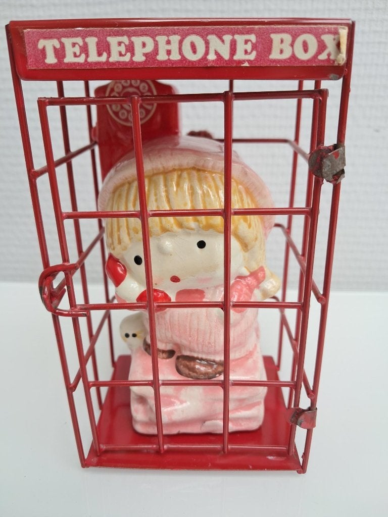 vintage spaarpot meisje popje in telephoonecel, Ophalen of Verzenden, Zo goed als nieuw, Steen, Aardewerk of Keramiek, Overige thema's