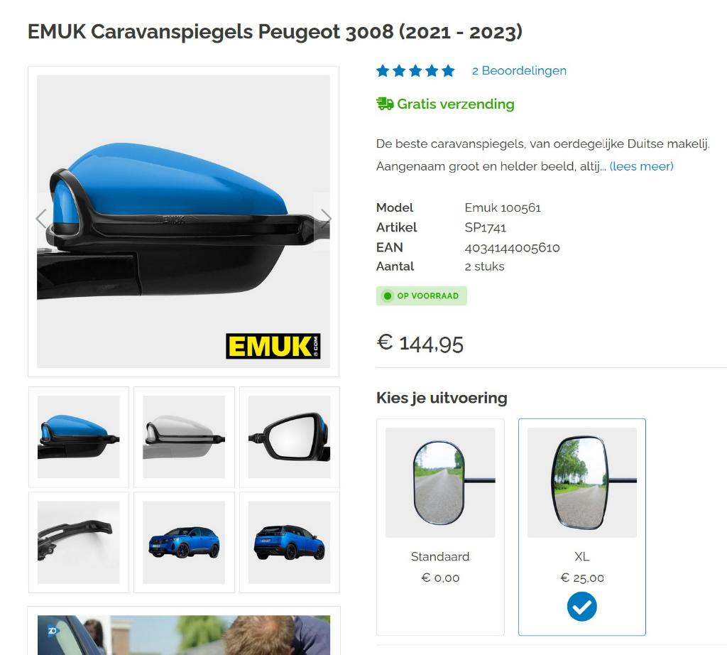 EMUK Carvan spiegels Peugeot 3008 XL (2021 - 2023), Ophalen, Zo goed als nieuw
