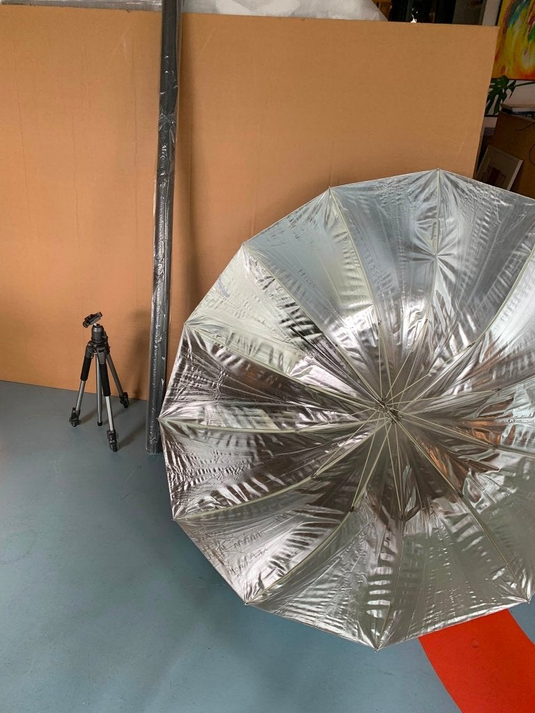 Fotografie set - statief, paraplu + scherm + background, Ophalen, Gebruikt