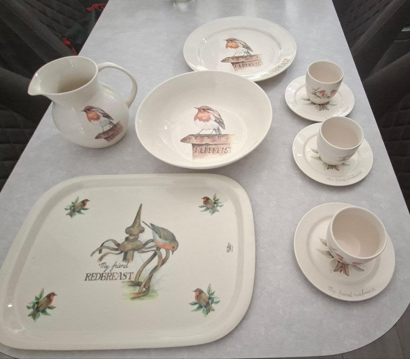 leuke serviesset Roodborst, Jet ter Steege., Ophalen of Verzenden, Overige stijlen, Kop(pen) en/of Schotel(s), Jet by Ter Steege