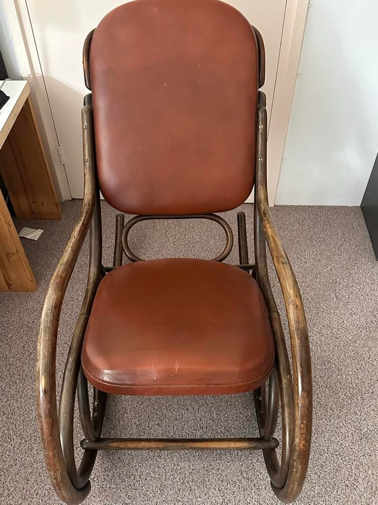 Vintage rotan schommelstoel met leren kussens (2 stuks), Ophalen
