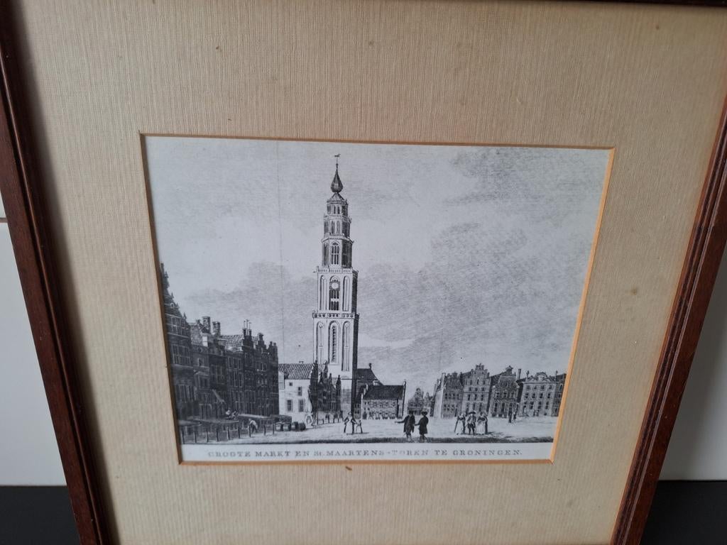Gravure Grote Markt en Martinitoren Groningen, Antiek en Kunst, Kunst | Etsen en Gravures, Ophalen of Verzenden