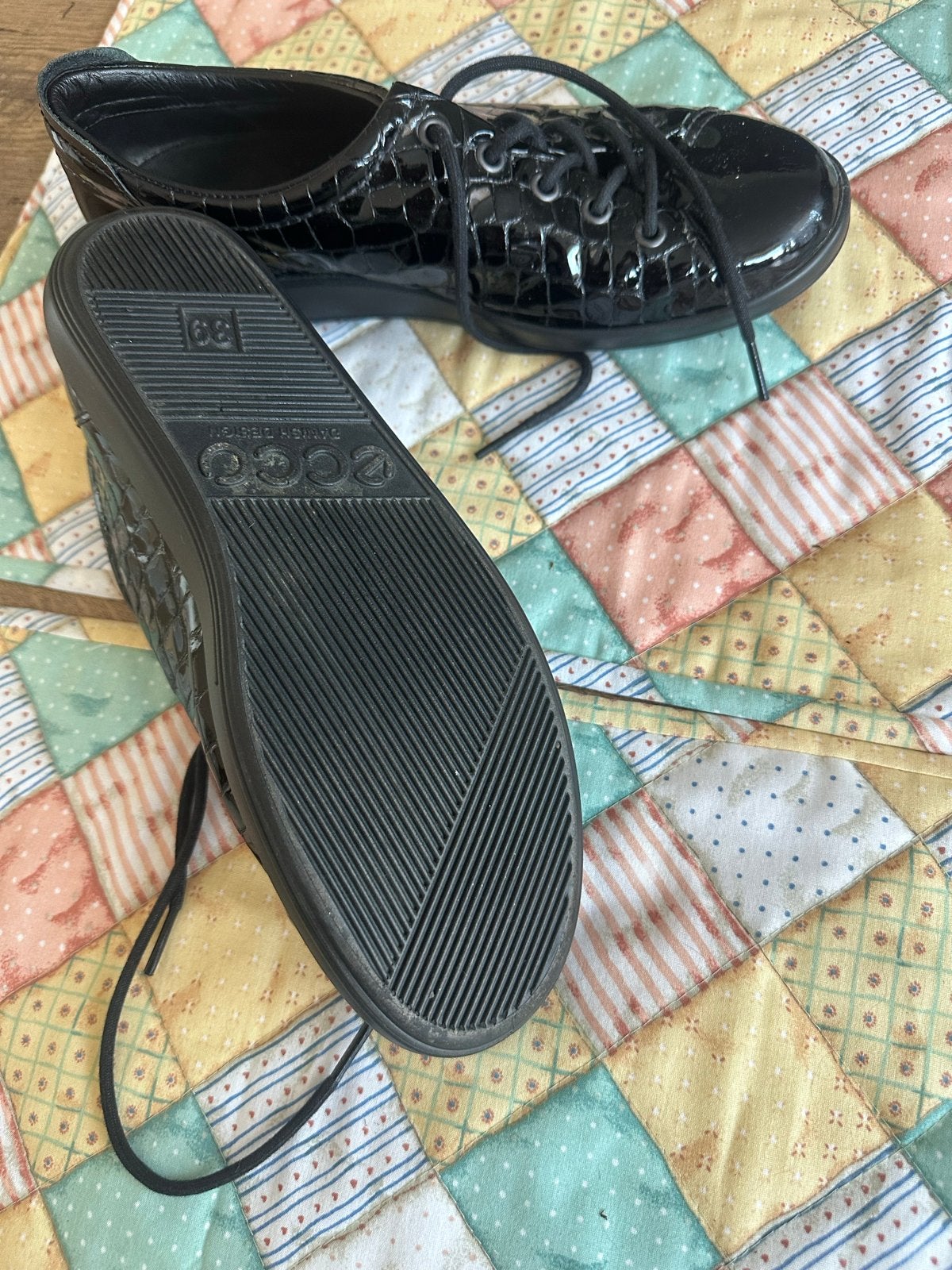Ecco Zwarte Lak Veterschoenen Maat 39, Ophalen, Gedragen, Zwart, Schoenen met lage hakken