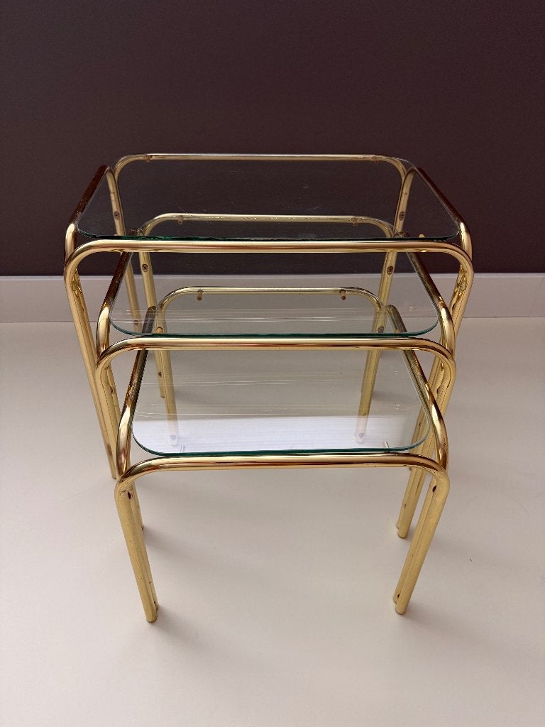 Set nesting tables goud/brons met glas, Huis en Inrichting, Minder dan 45 cm, Minder dan 55 cm, Gebruikt, Ophalen of Verzenden