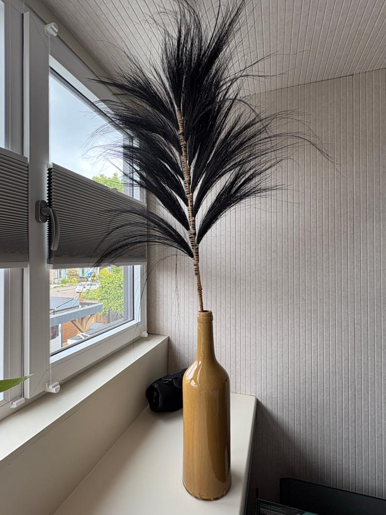 Decoratieve pluim in flesvaas, Overige materialen, Gebruikt, Zwart, Ophalen of Verzenden