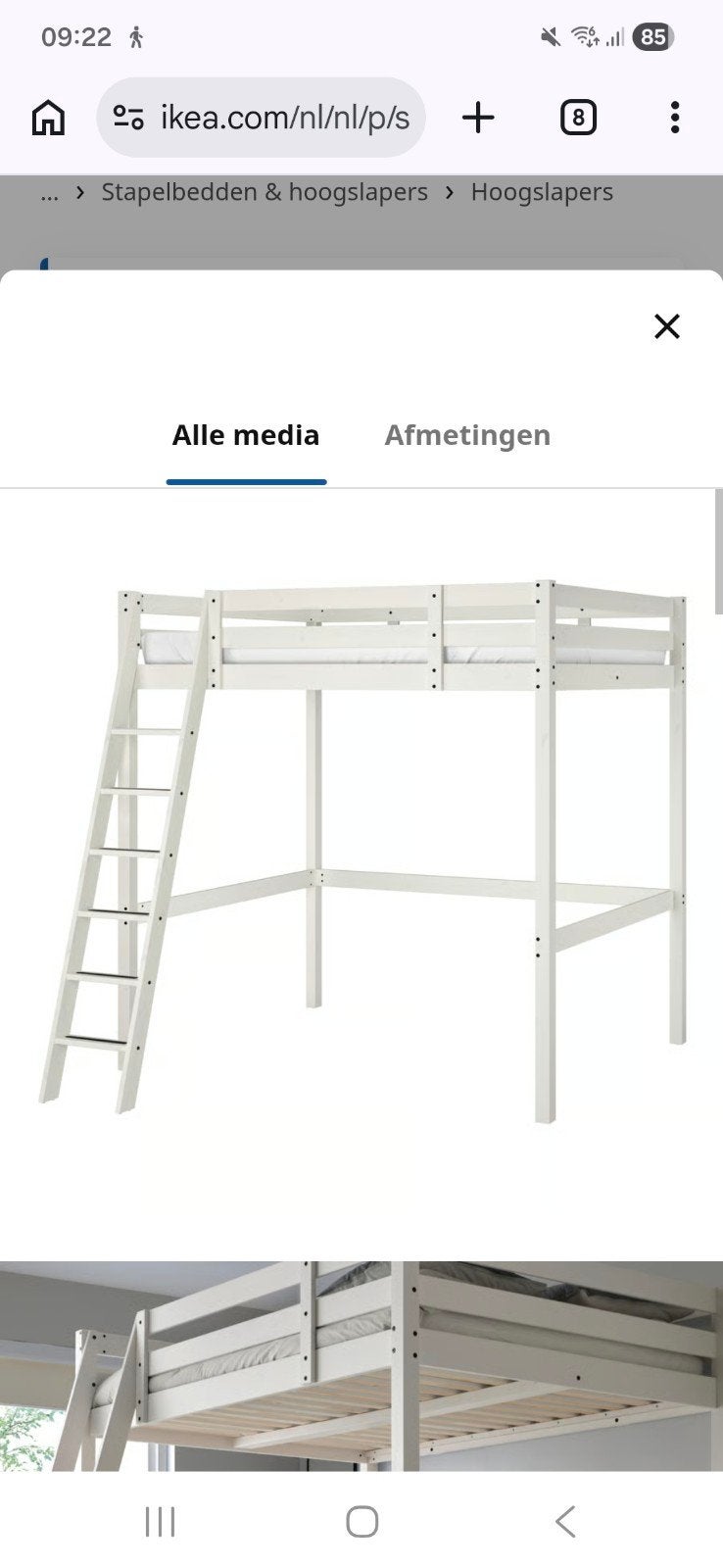 2 persoons hoogslaper ikea 140x200 wit, Huis en Inrichting, Slaapkamer | Stapelbedden en Hoogslapers, Ophalen, Hoogslaper, Tweepersoons