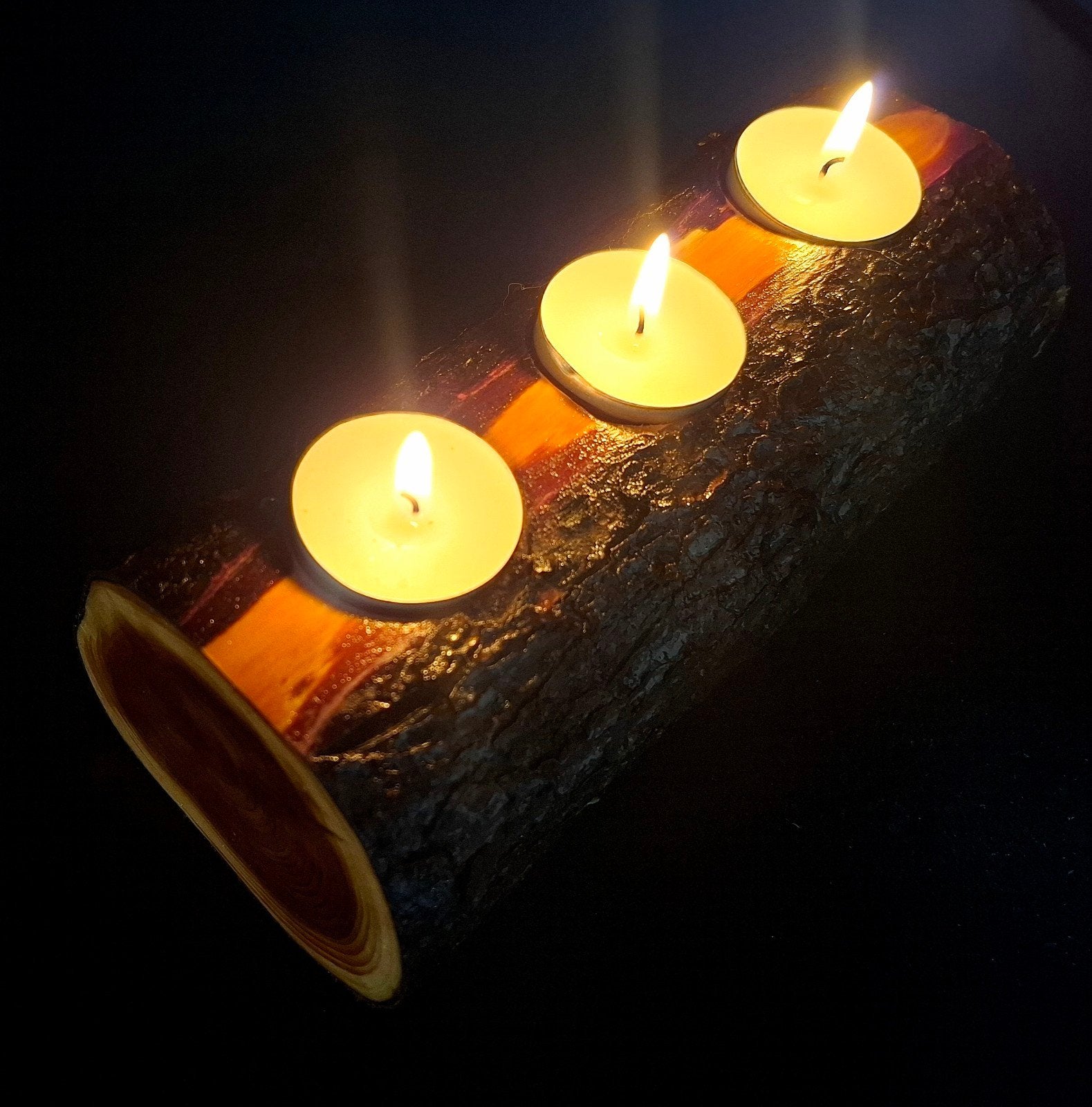 Houten boomstam-kandelaar met 3 waxinelichthouders, Bruin, 7 cm, Waxinelichthouder, Nieuw