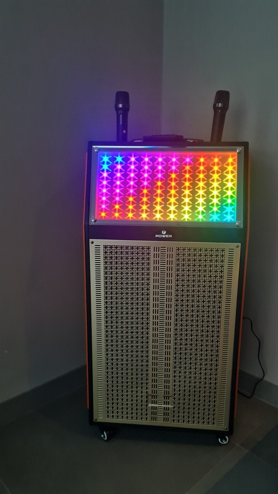 Muziek box Karaoke Systeem met Microfoons en Lichteffect, Ophalen, Zo goed als nieuw, Complete set