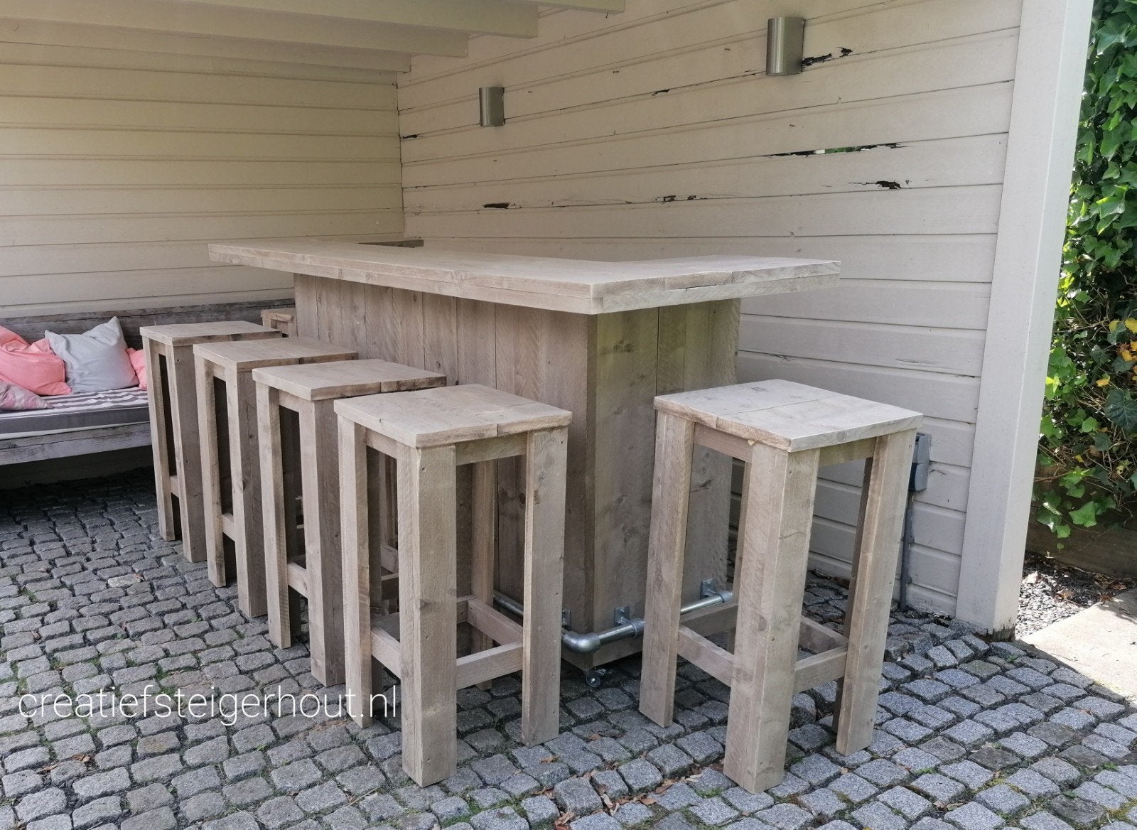 Steigerhouten bar buitenbar met krukken steigerbuis mancave, Ophalen of Verzenden, Nieuw