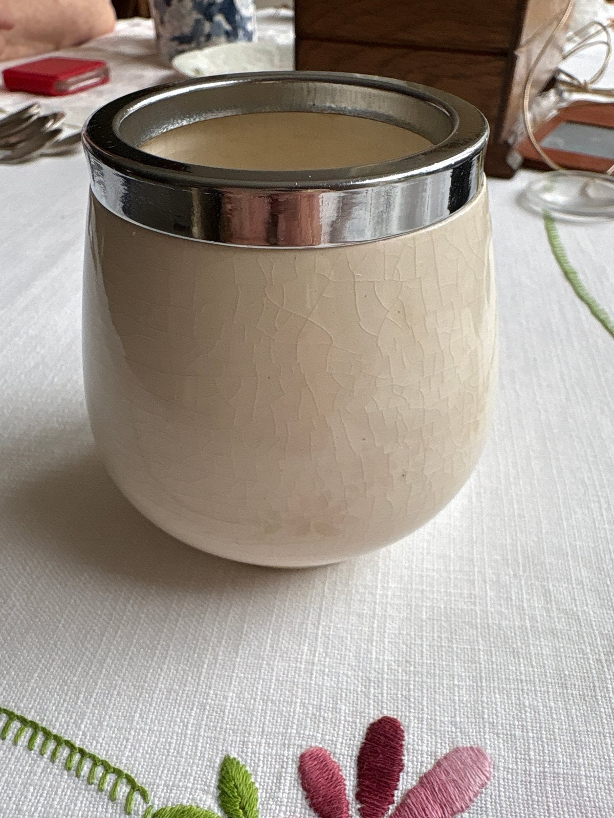 Antieke Royal Doulton Crackle Glaze Potje met Zilveren Rand, Ophalen of Verzenden
