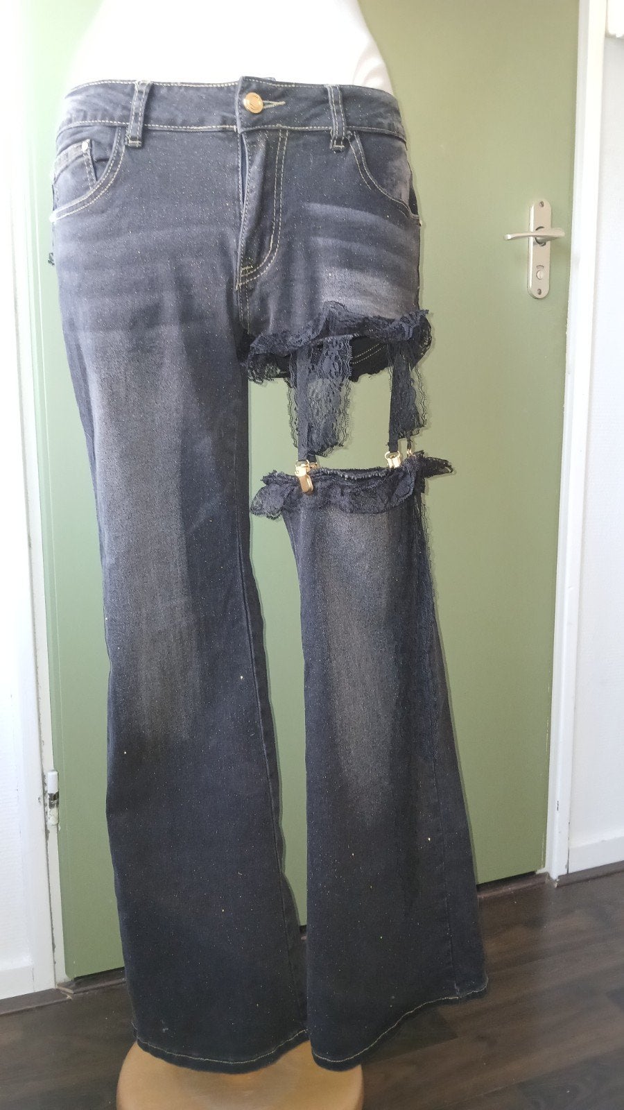 jeans zwart/grijs/glitters met leuke details, Ophalen of Verzenden, Zo goed als nieuw, Zwart