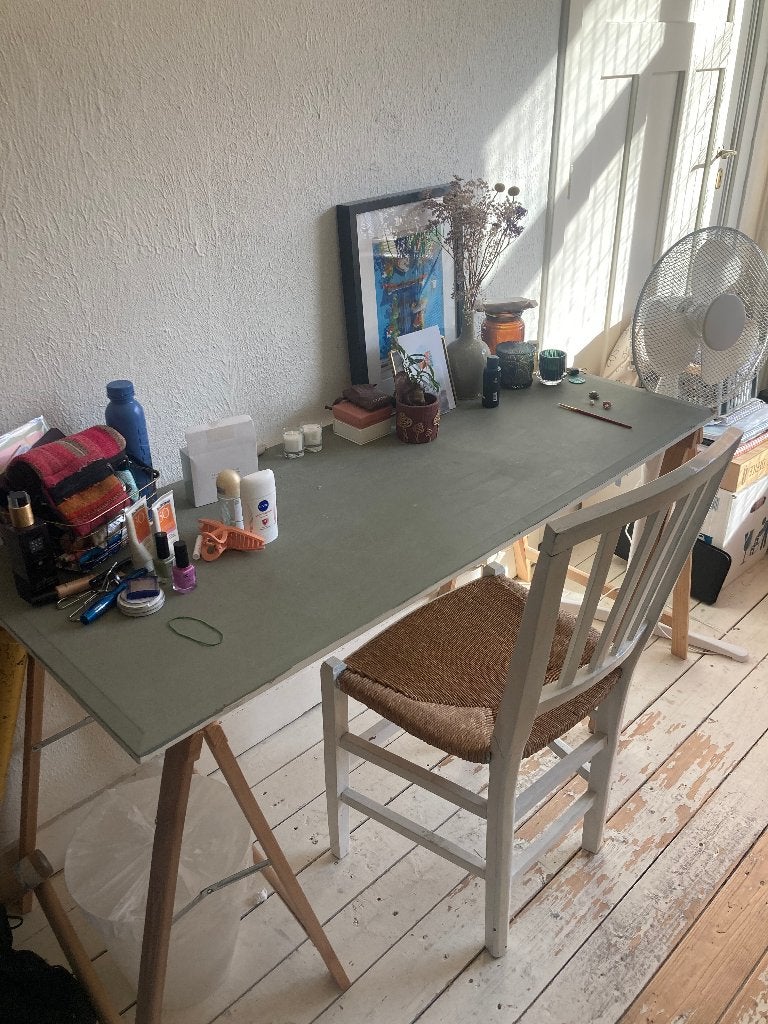 Bureau met rieten stoel, Ophalen, Demontabel, Groen, Gebruikt