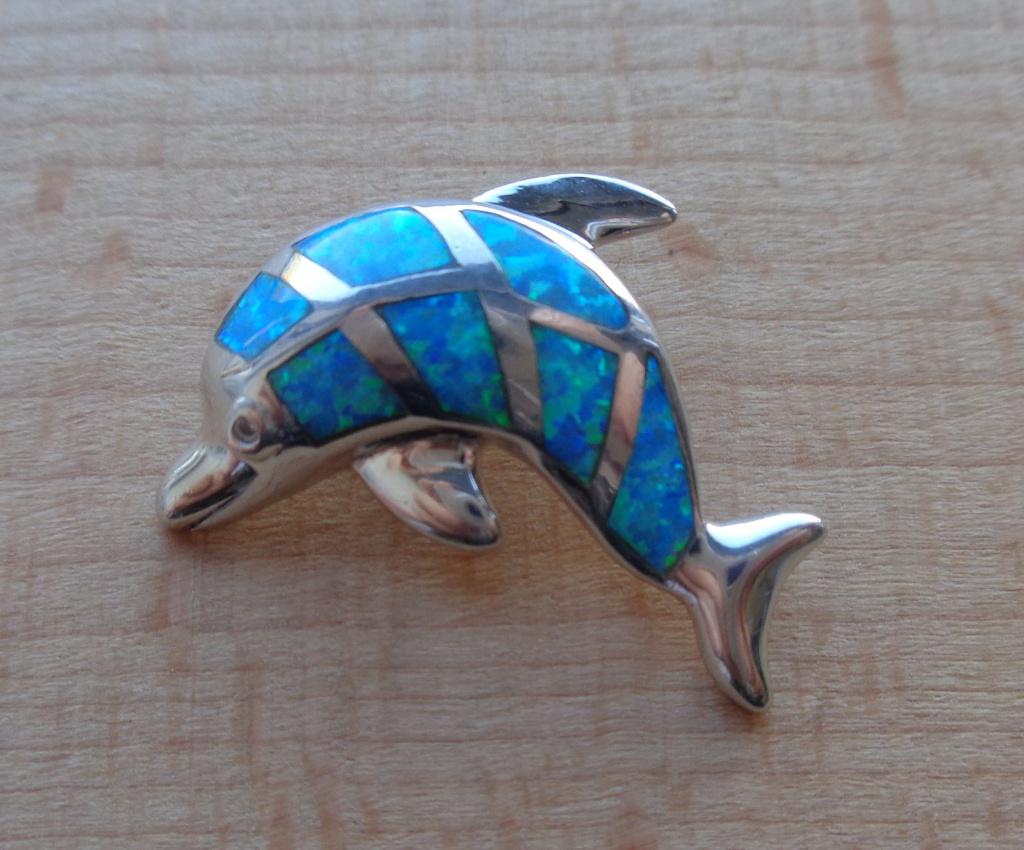 zilveren dolfijn hanger met blauw opaal [090], Verzenden, Zo goed als nieuw, Zilver, Zilver
