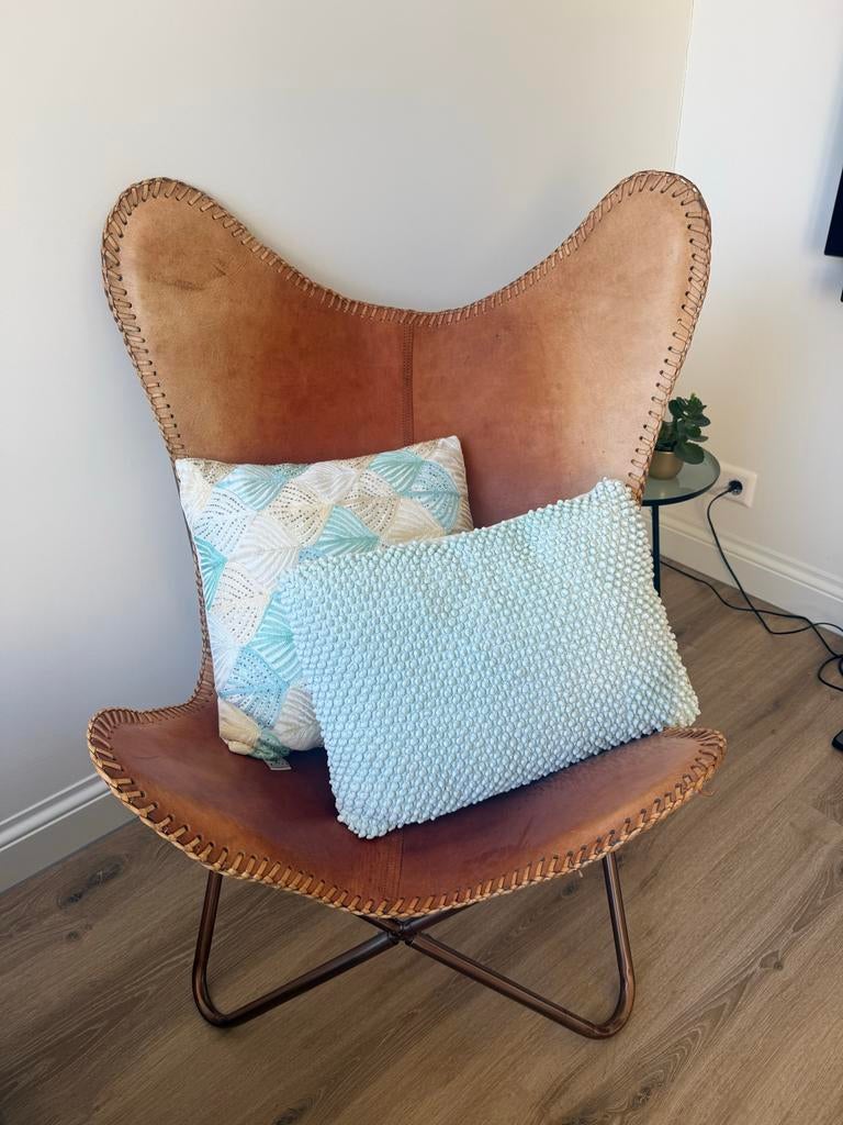 Leren Vlinderstoel - Cognac Kleur, Huis en Inrichting, Ophalen, Gebruikt, Bruin, Vintage