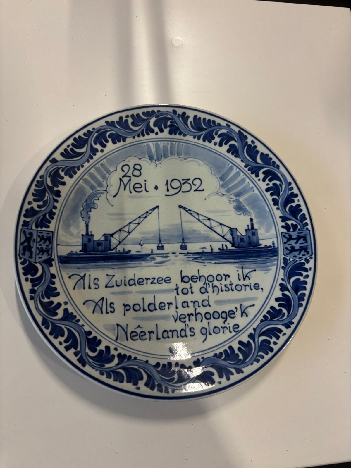 Delfts Blauw Zuiderzee Afsluitdijk Herdenkingsbord 1932, Antiek en Kunst, Ophalen