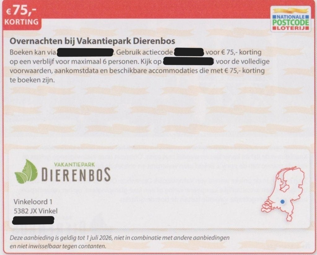 Vakantiepark Dierenbos. Vinkel. € 75,- korting. Postcode bon, Tickets en Kaartjes, Kortingen en Cadeaubonnen, Drie personen of meer