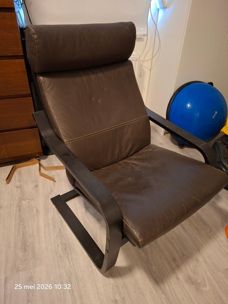 Ikea Poäng stoel met bruin leren bekleding, Ophalen, Gebruikt, 75 tot 100 cm, 50 tot 75 cm