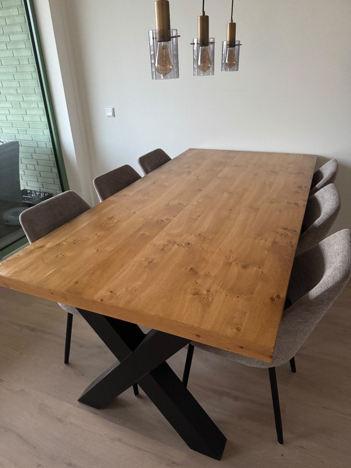 Eikenhouten eettafel met zwart metalen X-poten, Huis en Inrichting, Ophalen, 200 cm of meer, 50 tot 100 cm, Zo goed als nieuw