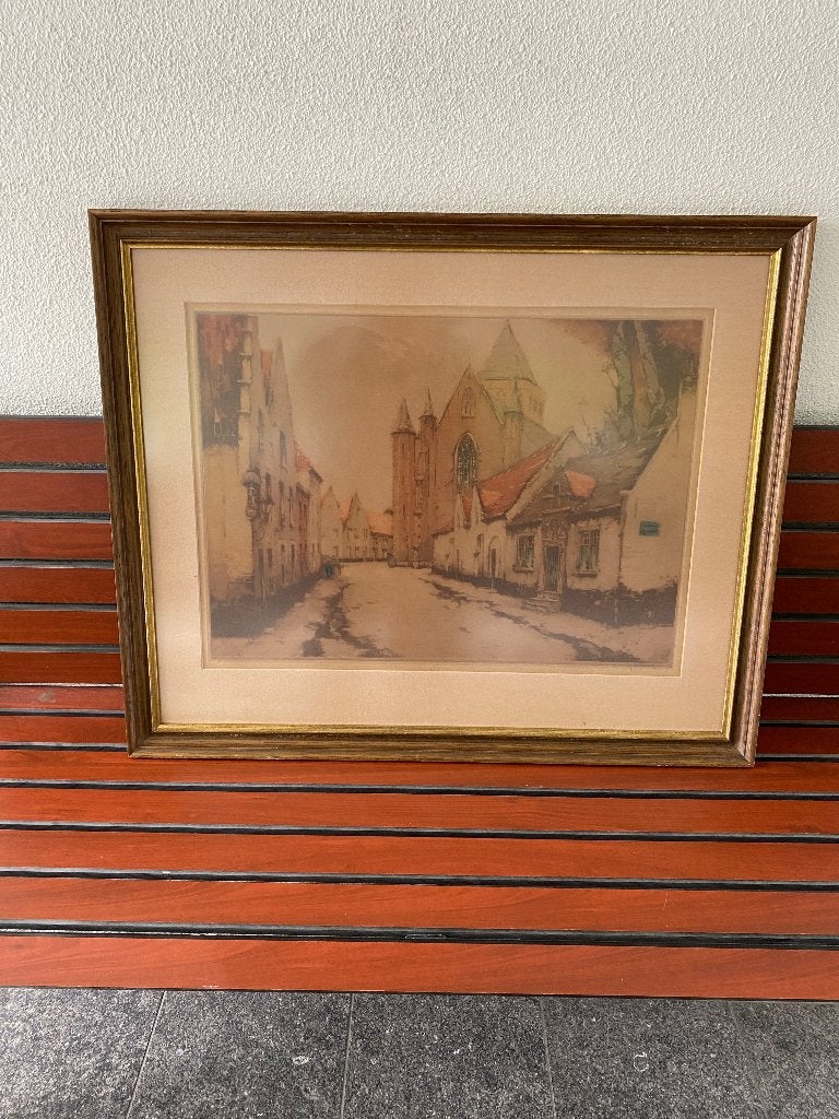 Oude straat in Brugge, gesigneerd door J. Hebbelynck, Antiek en Kunst, Ophalen, 73 cm, Ets, Stadsgezicht