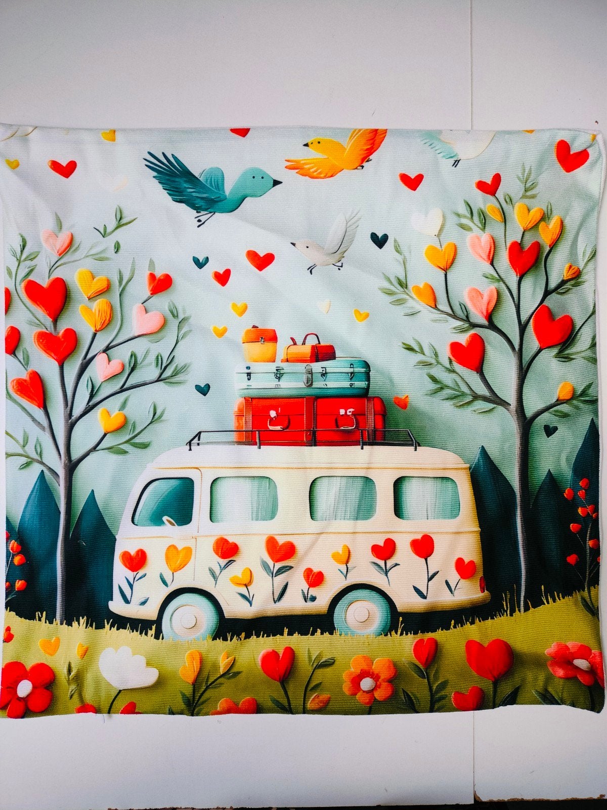 Decoratief kussenhoes met camper en hartjes, Overige merken, Meerkleurig, Met print, Vierkant
