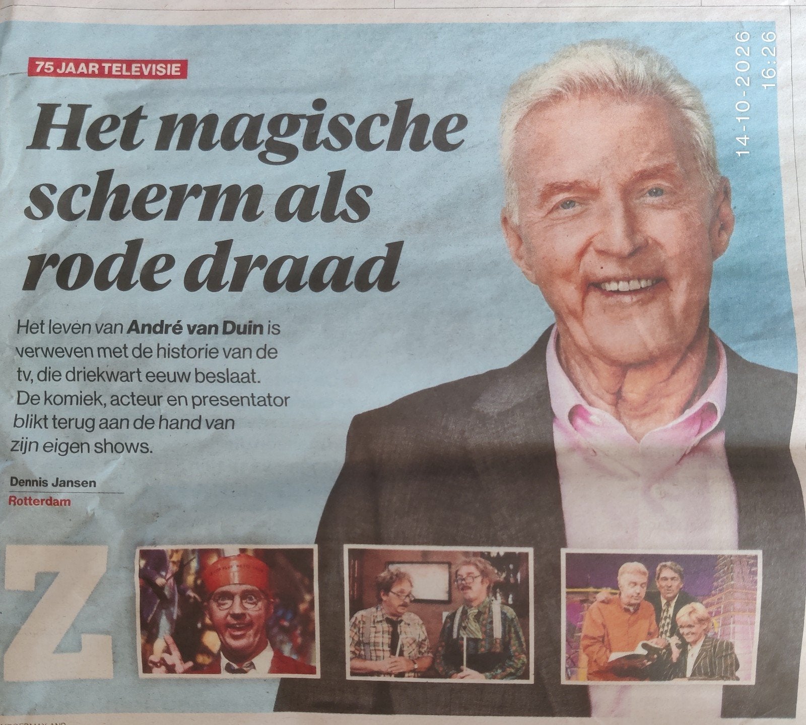 Knipsel André van Duin 75 jaar Televisie, Ophalen of Verzenden, 1980 tot heden, Knipsel(s)