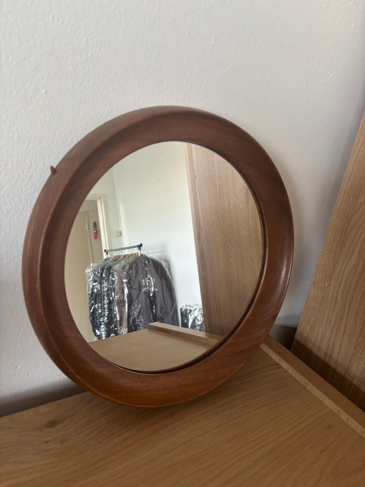 spiegel vintage teakhout midcentury scandinavisch, Ophalen, Minder dan 50 cm, Gebruikt, Rond