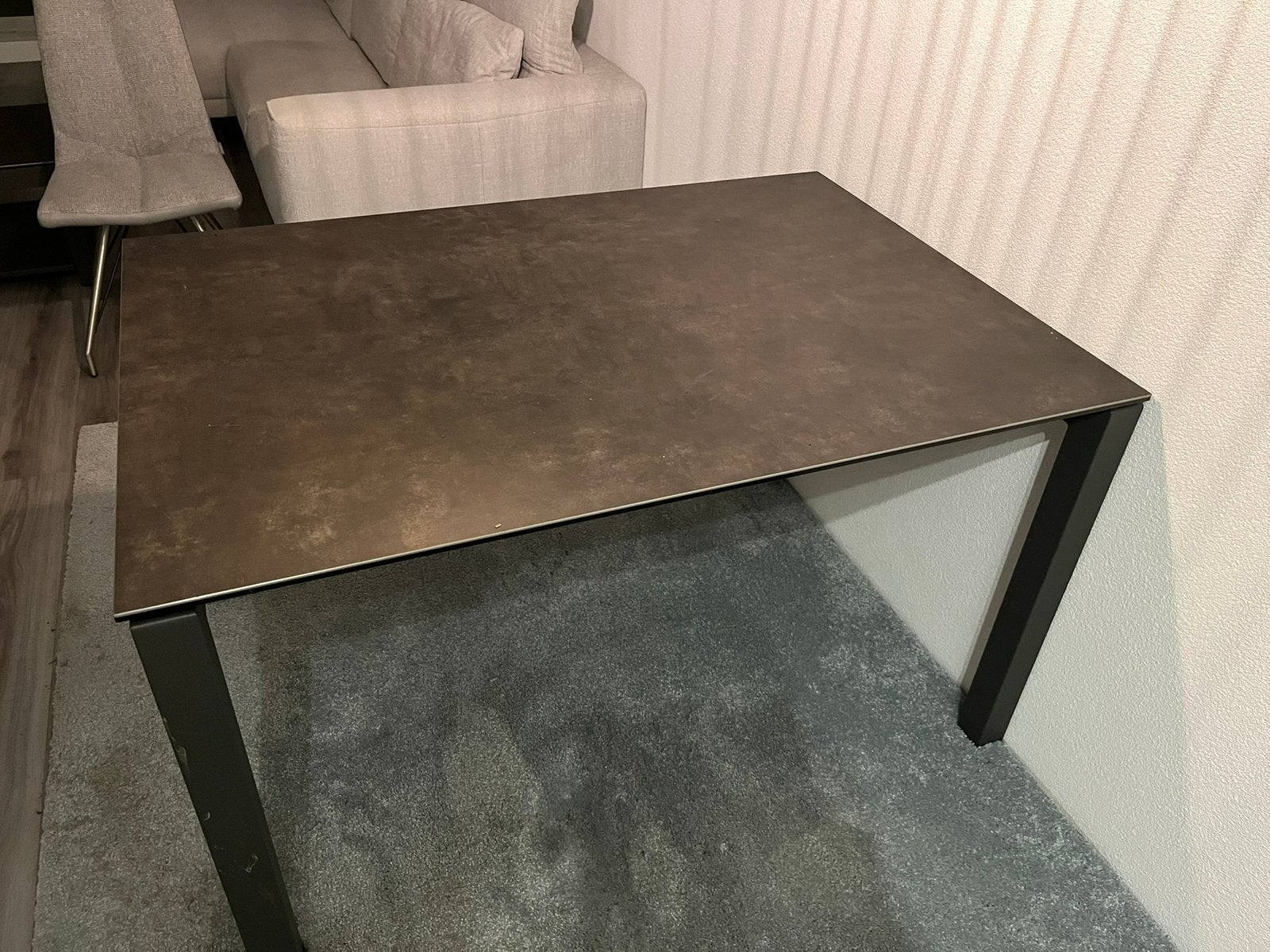 Eettafel en salontafel, Ophalen, 100 tot 150 cm, Zo goed als nieuw, Glas