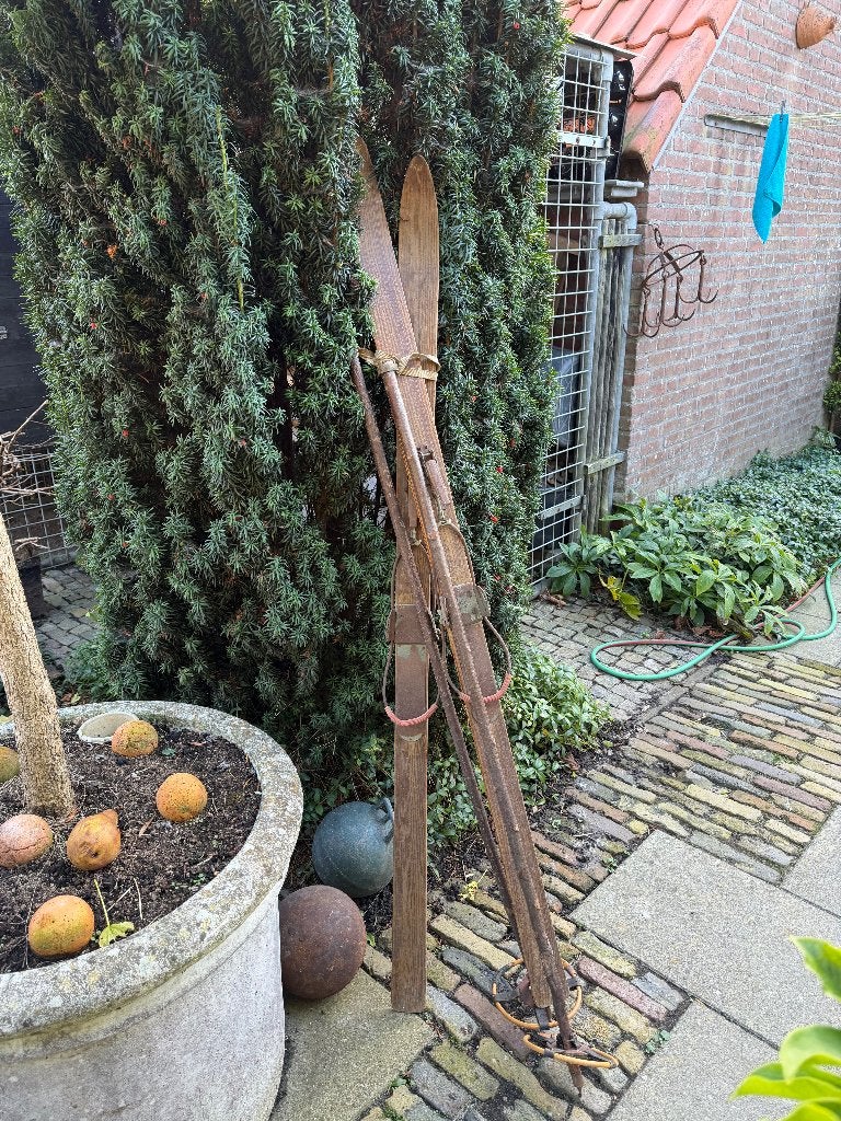 Antieke houten ski's met stokken - Decoratie, Ophalen