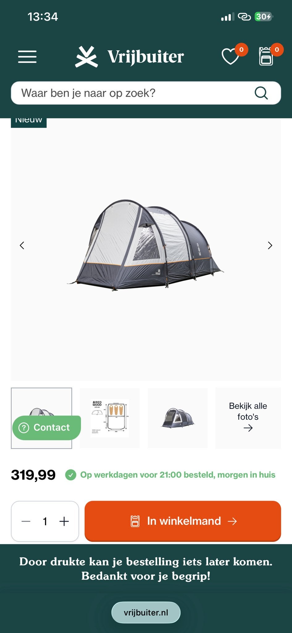 Redwood apex 260 Ruime tunneltent voor 3  personen, Caravans en Kamperen, Tenten, Ophalen of Verzenden, Nieuw, Tot en met 3