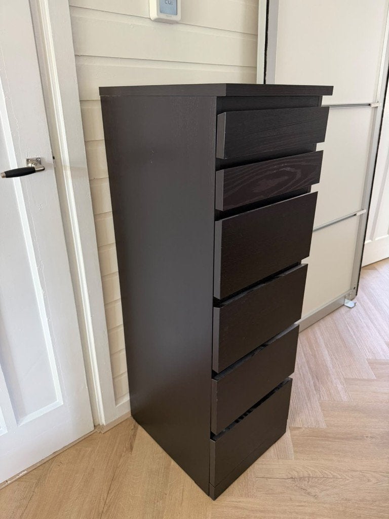 IKEA MALM Ladekast 6 laden met spiegel (zwartbruin), Ophalen, Minder dan 50 cm, 5 laden of meer, 100 tot 150 cm