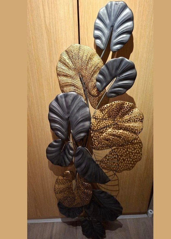 Iron wall panel wanddecoratie bladeren goud/grijs, Metaal, Wandsculptuur, Meerkleurig, Ophalen of Verzenden